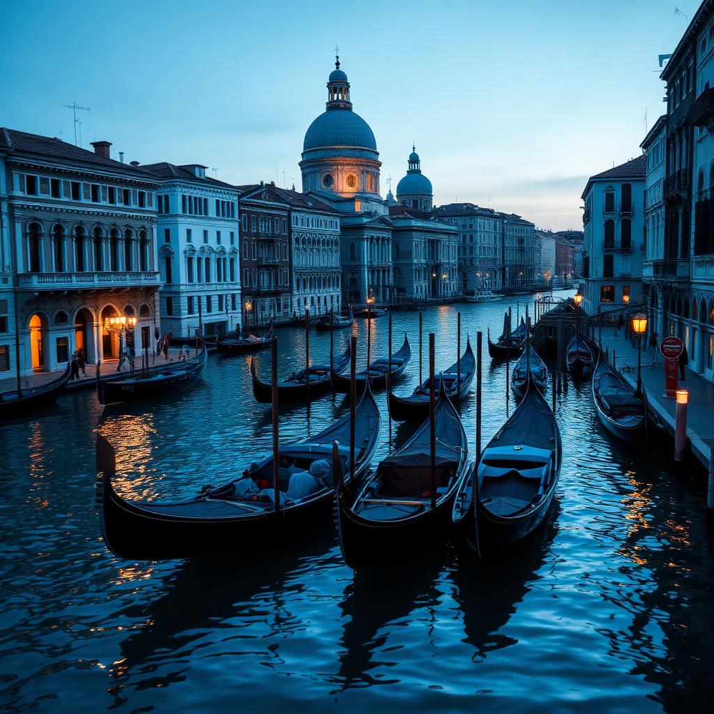 Góndolas en el Gran Canal de Venecia a la hora azul