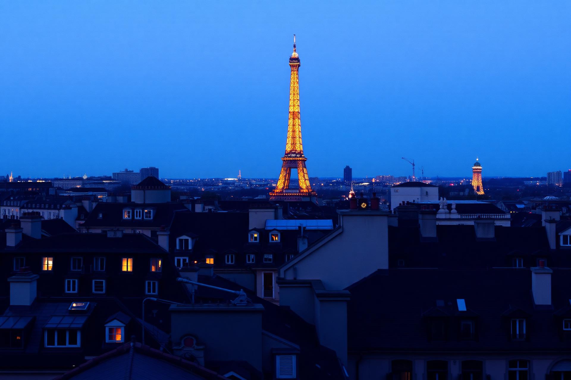 Torre Eiffel iluminada al anochecer sobre los tejados de París