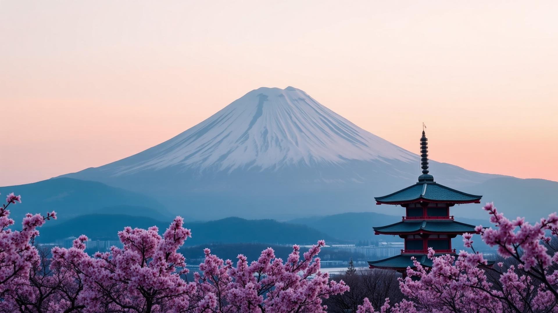 Monte Fuji al amanecer con cerezos en flor y pagoda tradicional