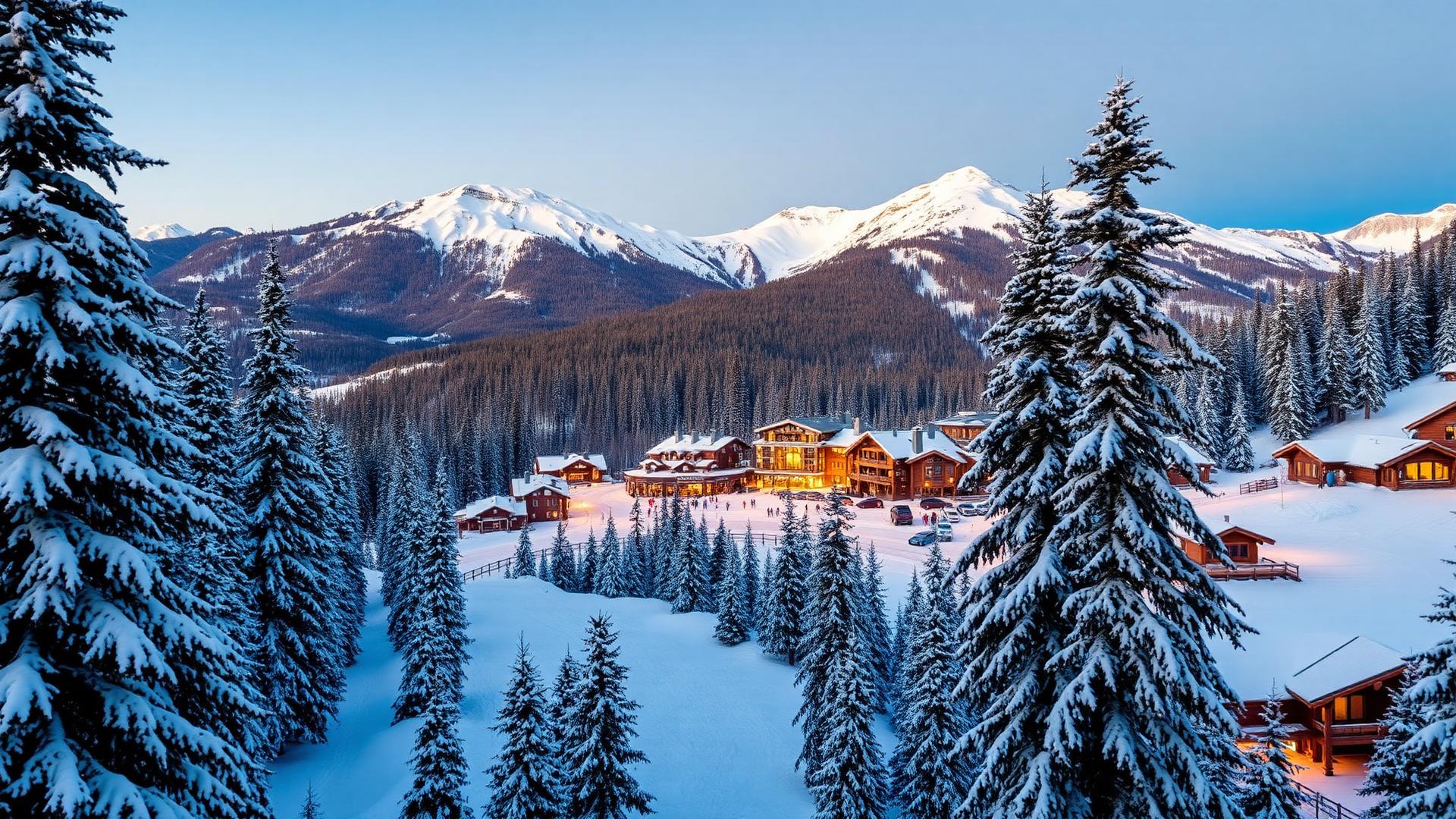 Whistler nevado con pinos y montañas al atardecer