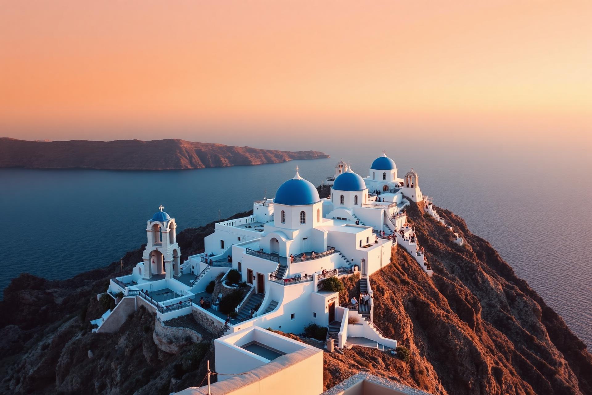 Santorini al atardecer con cúpulas azules sobre el mar Egeo