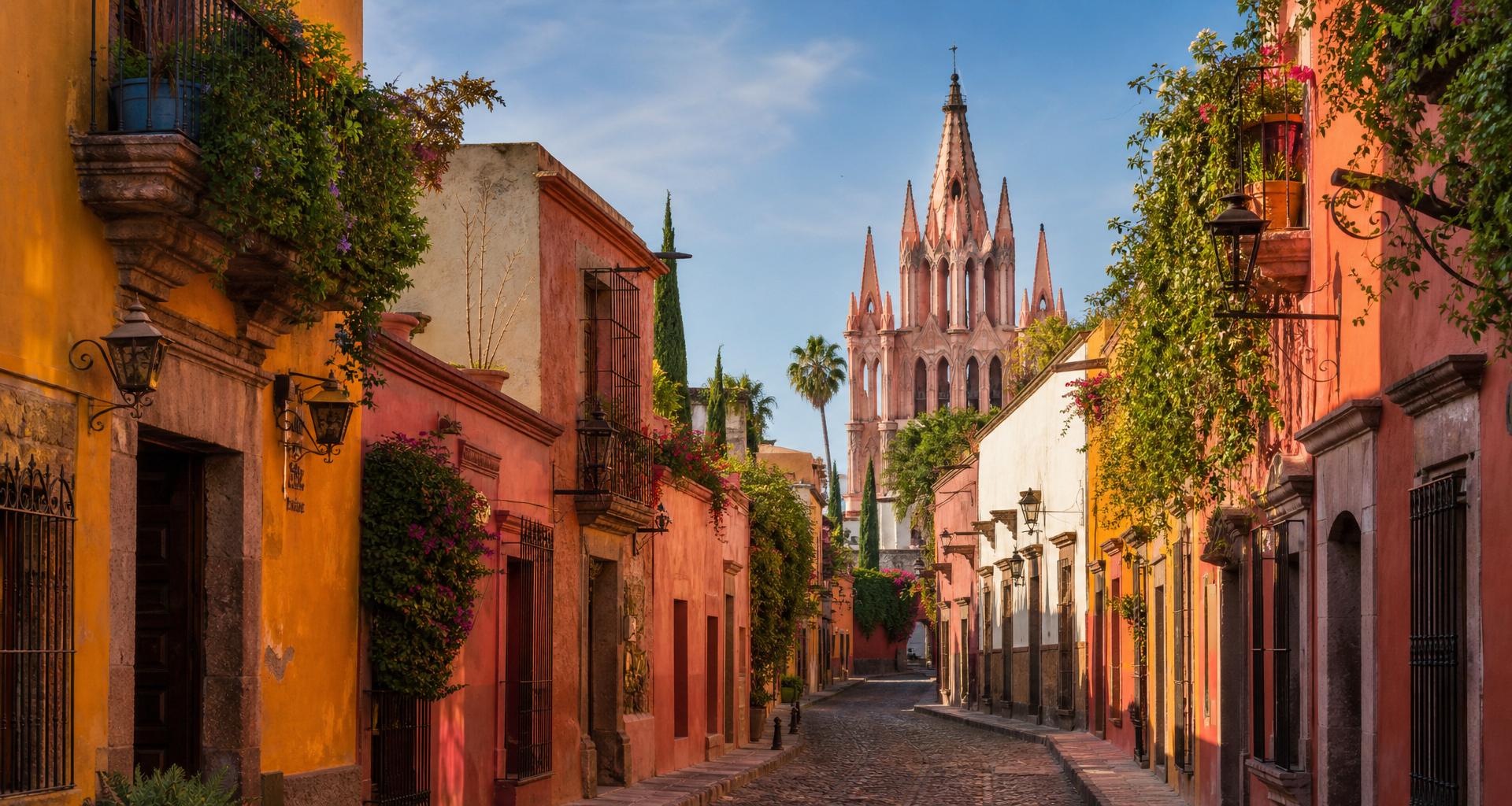 San Miguel de Allende con calles empedradas, fachadas coloridas y la Parroquia al fondo